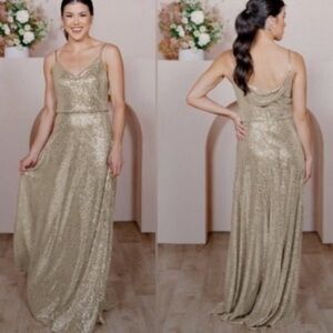 Revelry Hazel Gold Sequin Formal Gown Dress V Neck Drape Back Size 2 Maxi